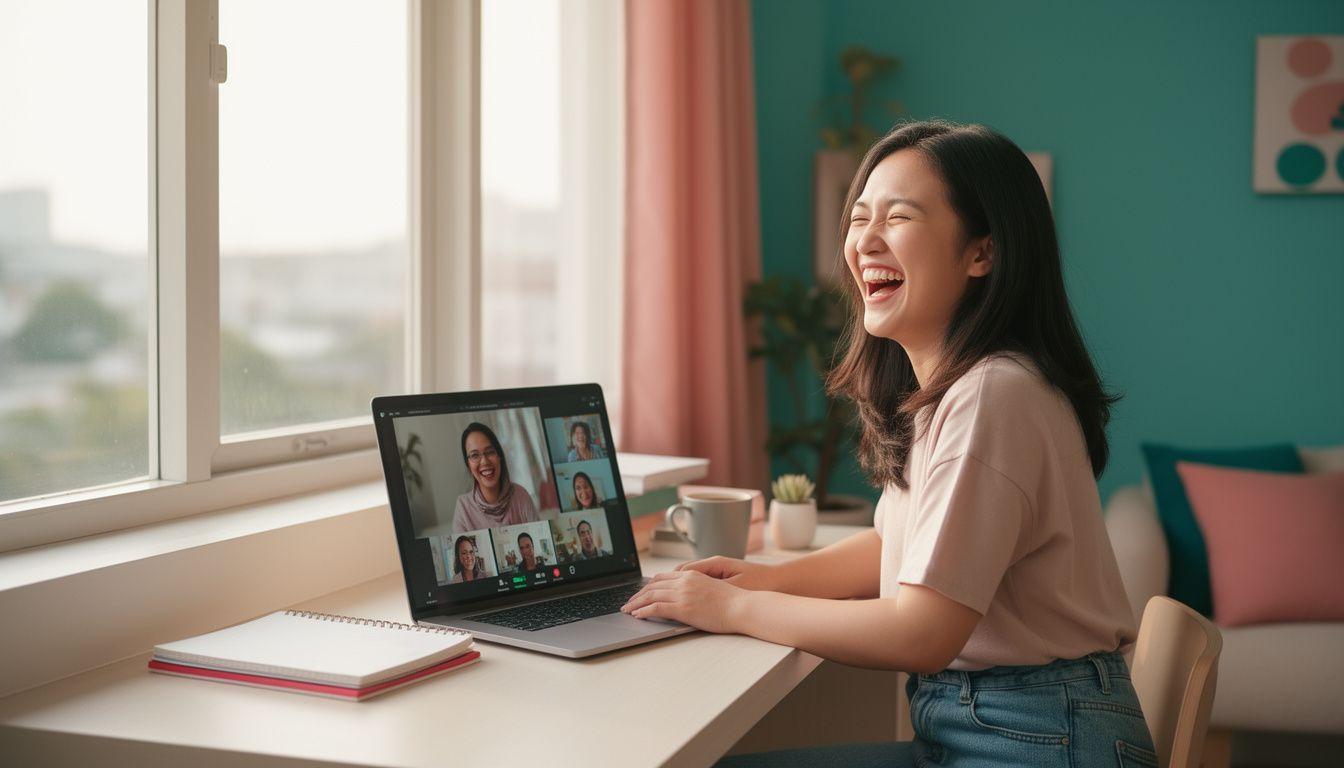 Students in a bright online English lesson with a native-speaking teacher