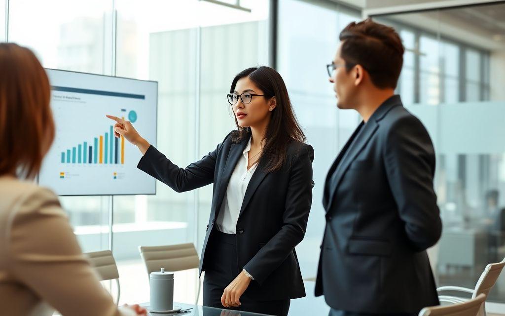 Professional presenting confidently in English during a business meeting