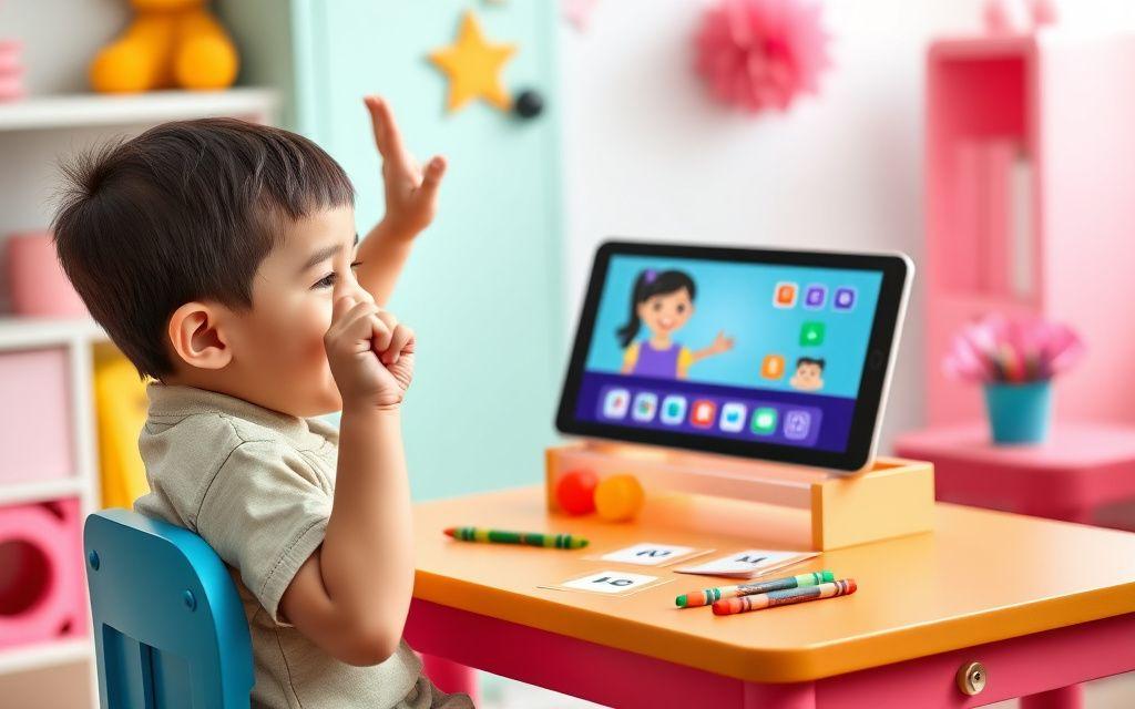 Cheerful child learning English online with colourful flashcards