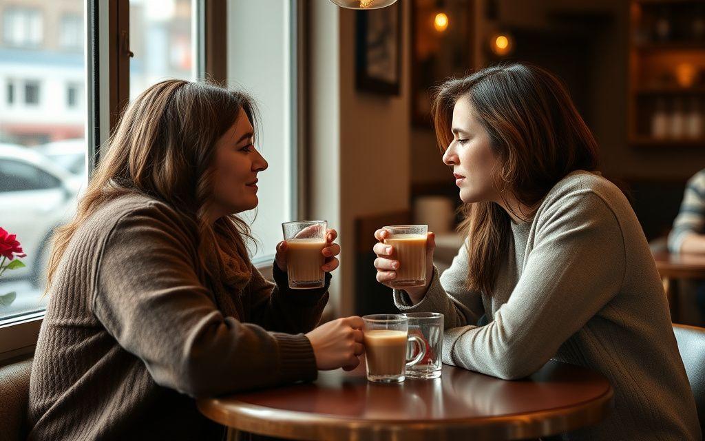 Two friends having a heartfelt conversation over coffee