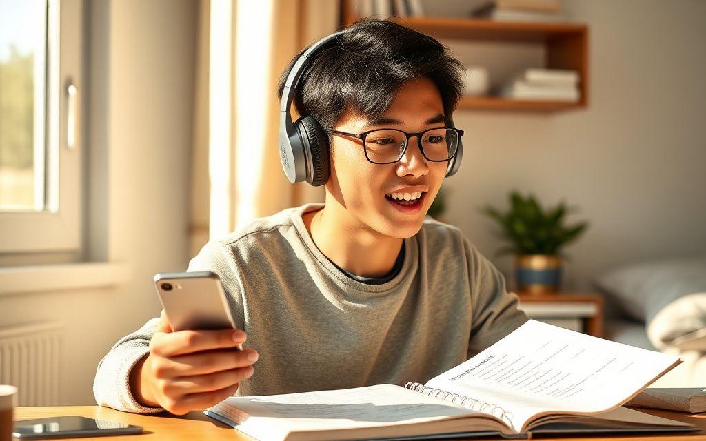 Person practising English pronunciation with headphones and a notebook