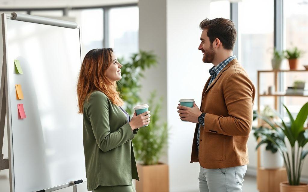 Colleagues talking in a modern office