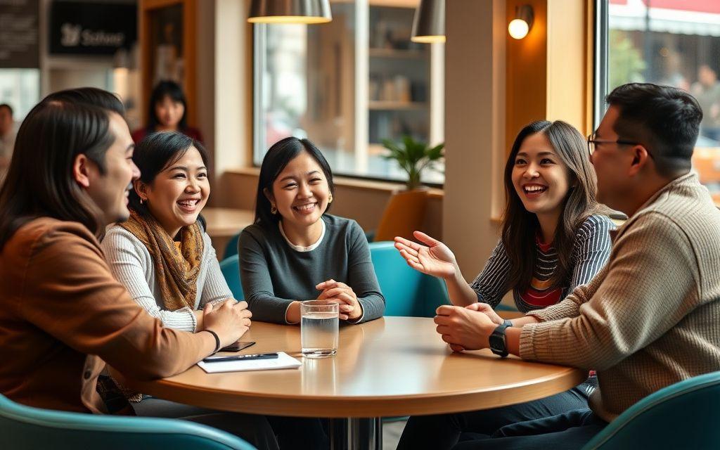 Small group of adults chatting happily during an English conversation session